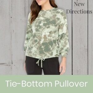 NEW DIRECTIONS Green Tie-Dye Print Bottom-Tie Cozy Hacci Knit Top/LG NWT